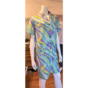 Vintage Blue Purple Green Abstract Print Shirt Dress M